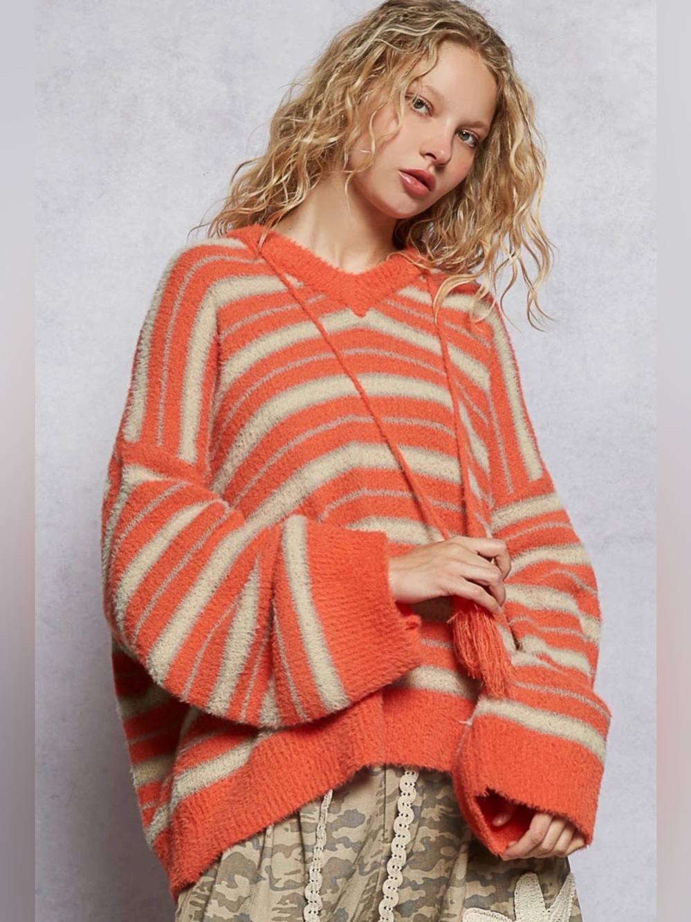 POL Oversized Fuzzy Striped Hooded Sweater Orange Cream Boho Cozy Small NIB